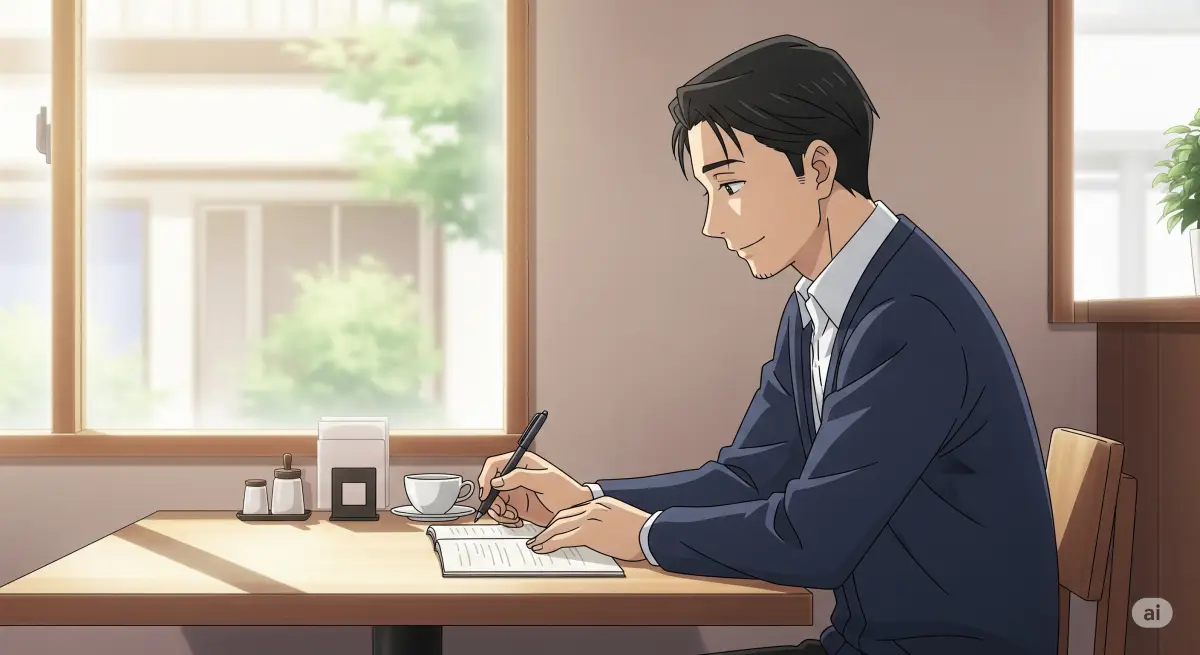 ユウキがカフェで恋愛をテーマに執筆している